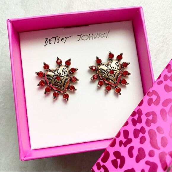 Betsey Johnson Gold Heart Red Stones Earrings - Picture 3 of 8